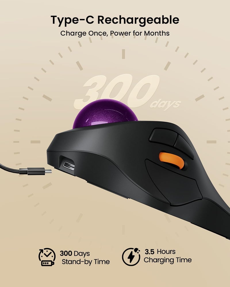 ProtoArc Wireless Bluetooth Trackball Mouse, EM03 NL Ergonomic Rollerball Mouse Rechargeable Computer Mice, 3 Device Connection, Compatible with PC, iPad, Mac, Windows-Purple Ball - Image 5